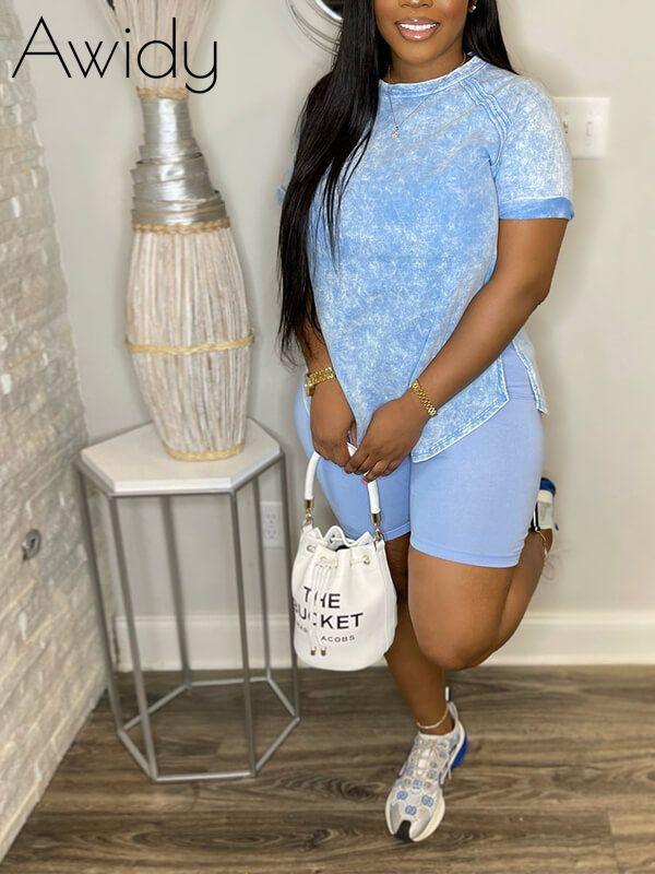 Printed Slit Tee & Biker Shorts Set--Clearance Icy Blue