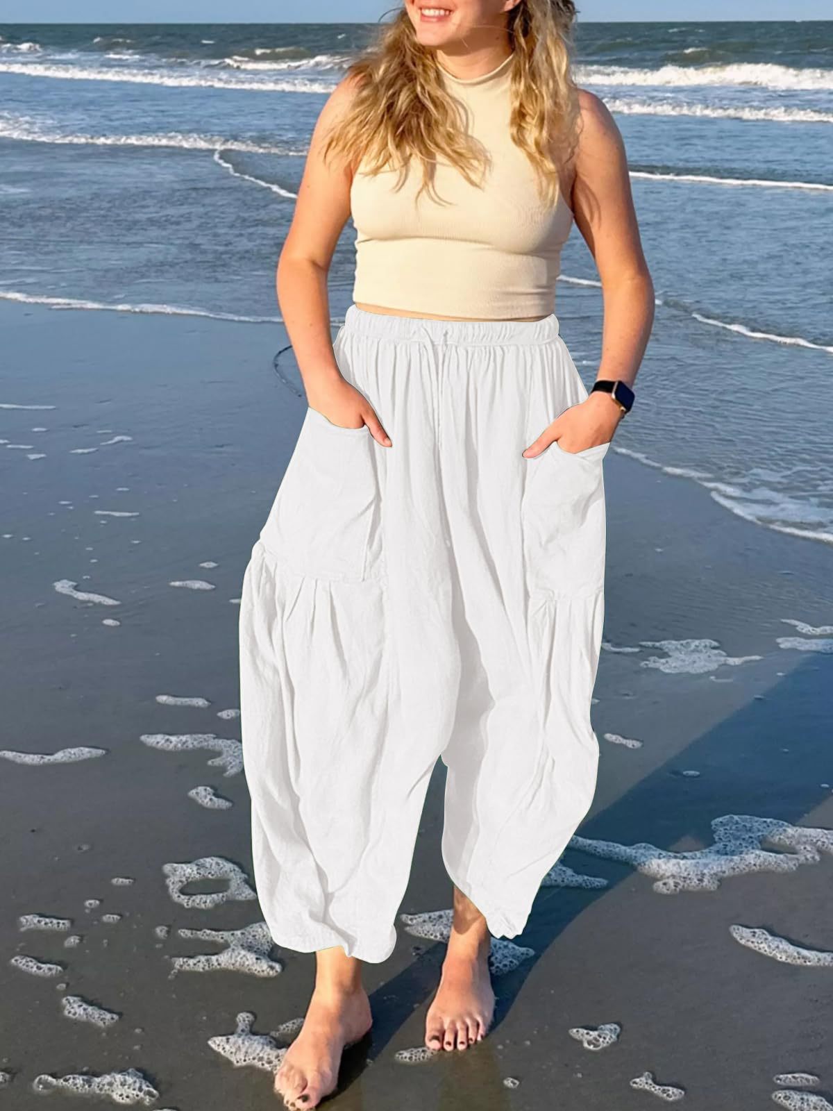 Casual High Waist Cotton Linen Wide Leg Pants