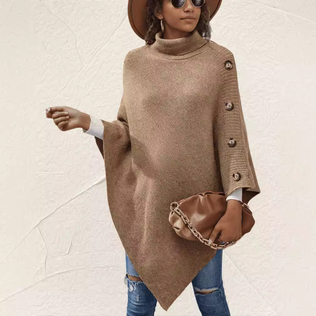 Solid-Color High-Neck Knit Sweater Cape Cardigan Shawl Jacket