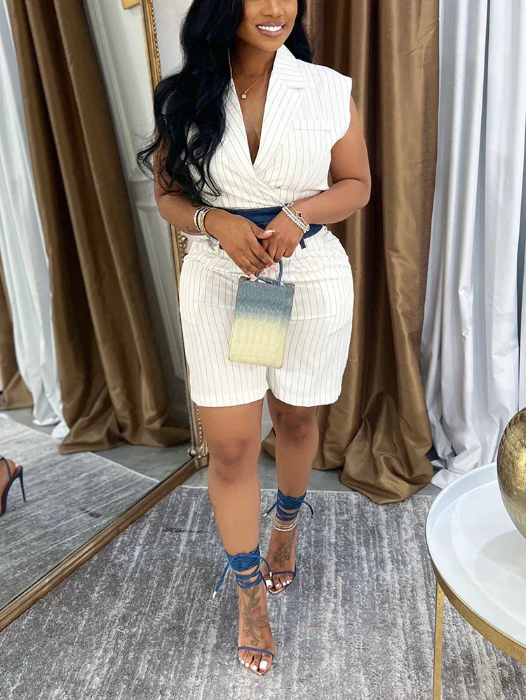 Stripe Sleeveless Blazer & Shorts Set