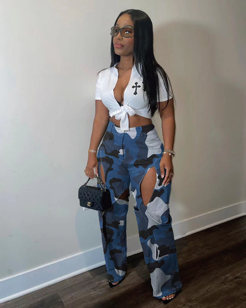 Camouflage Ripped Cargo Pants Blue