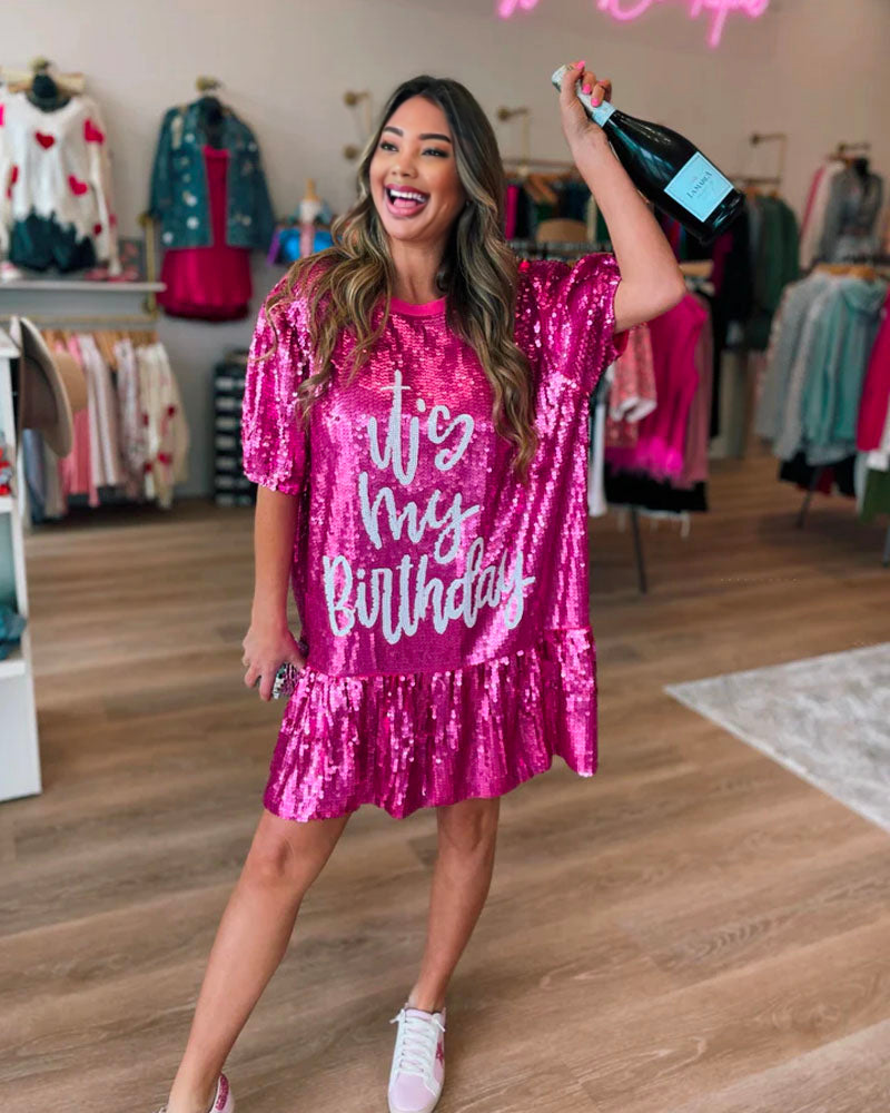 It's My Birthday Sequin Ruffle Dress Hot Pink One Size Fits up to Size 16