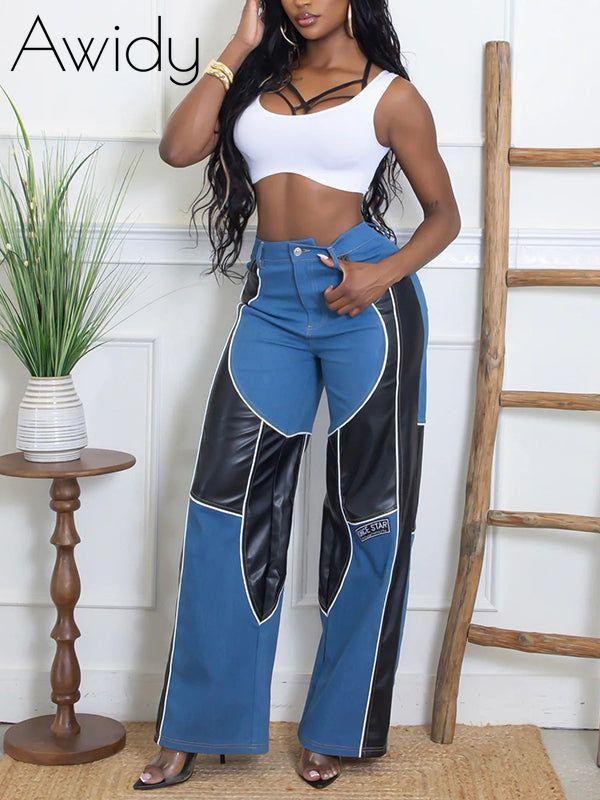 Faux-Leather Combo Jeans