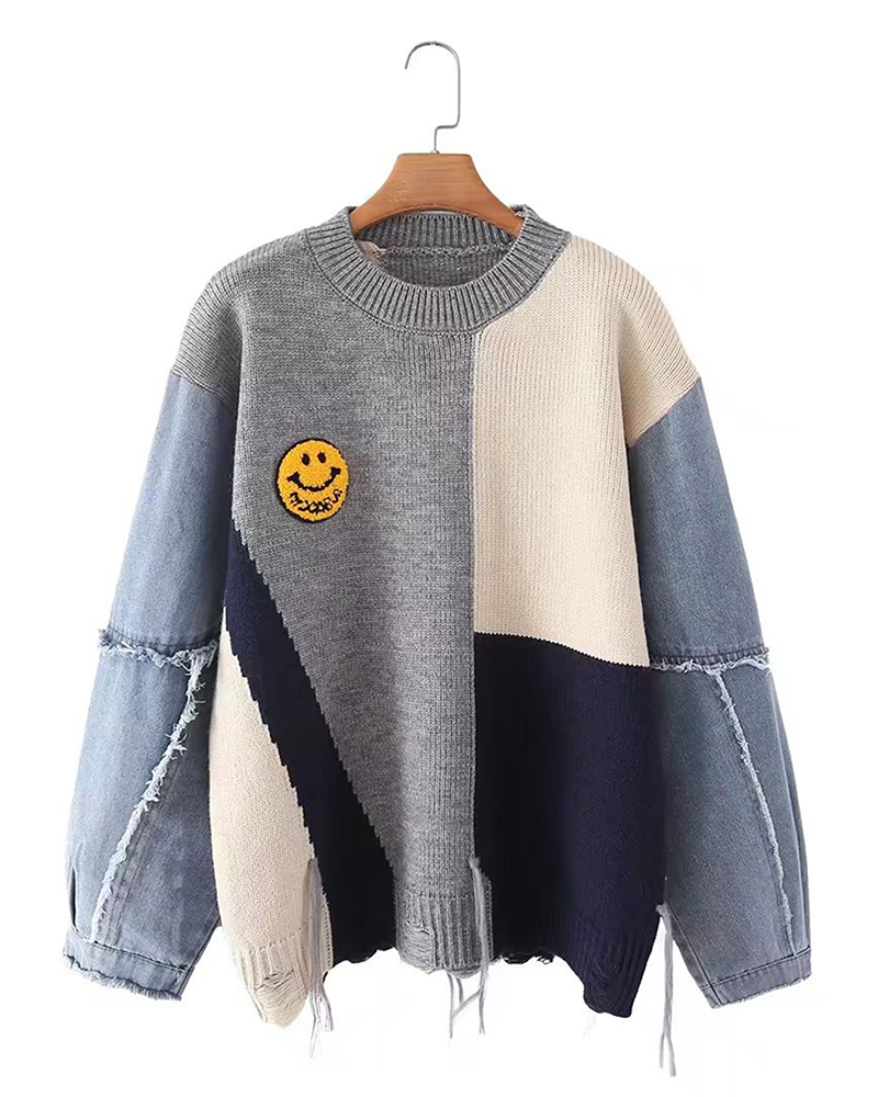 Smile Meets Denim Sweater Grey