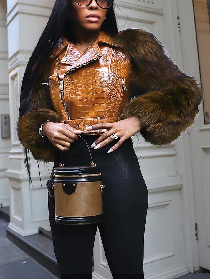 Faux Fur Sleeve & Croc-Embossed Jacket