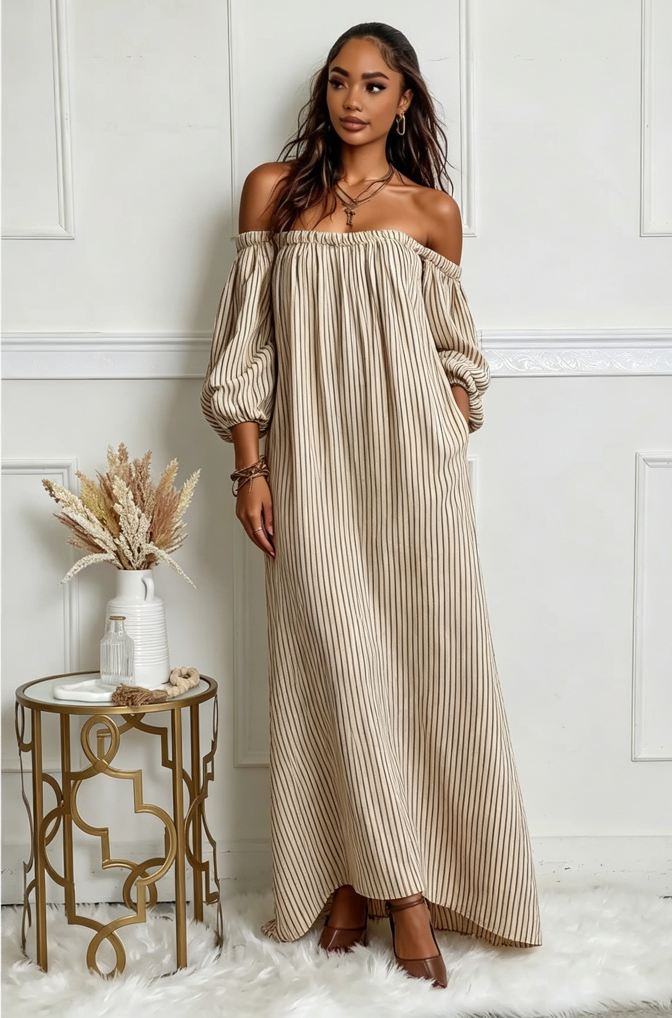 Sunset Stripes Off-Shoulder Maxi Dress