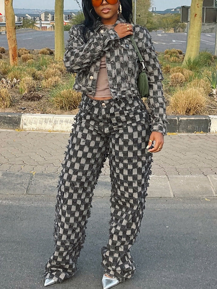 Classic Checkered Denim Jacket And Jeans Set