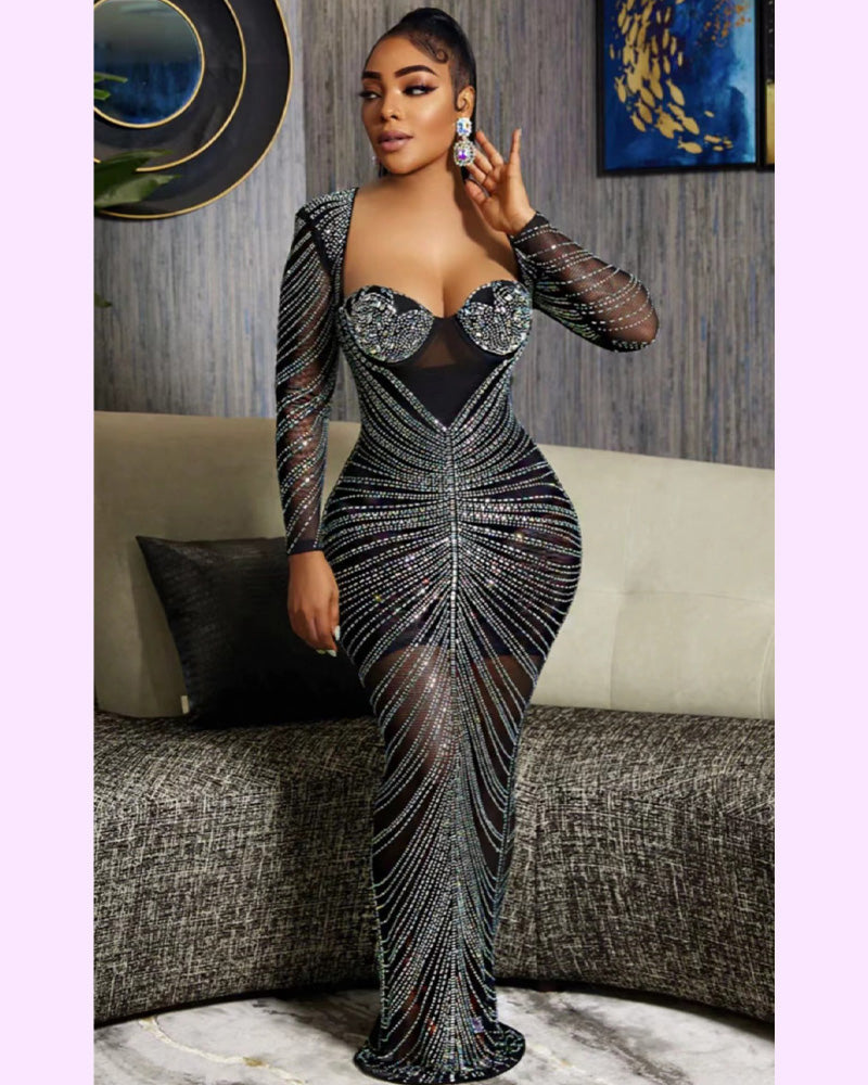 CORLETTE RHINESTONES MAXI DRESS BLACK