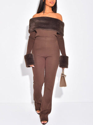 Faux-Fur Off-Shoulder Top & Pants Set