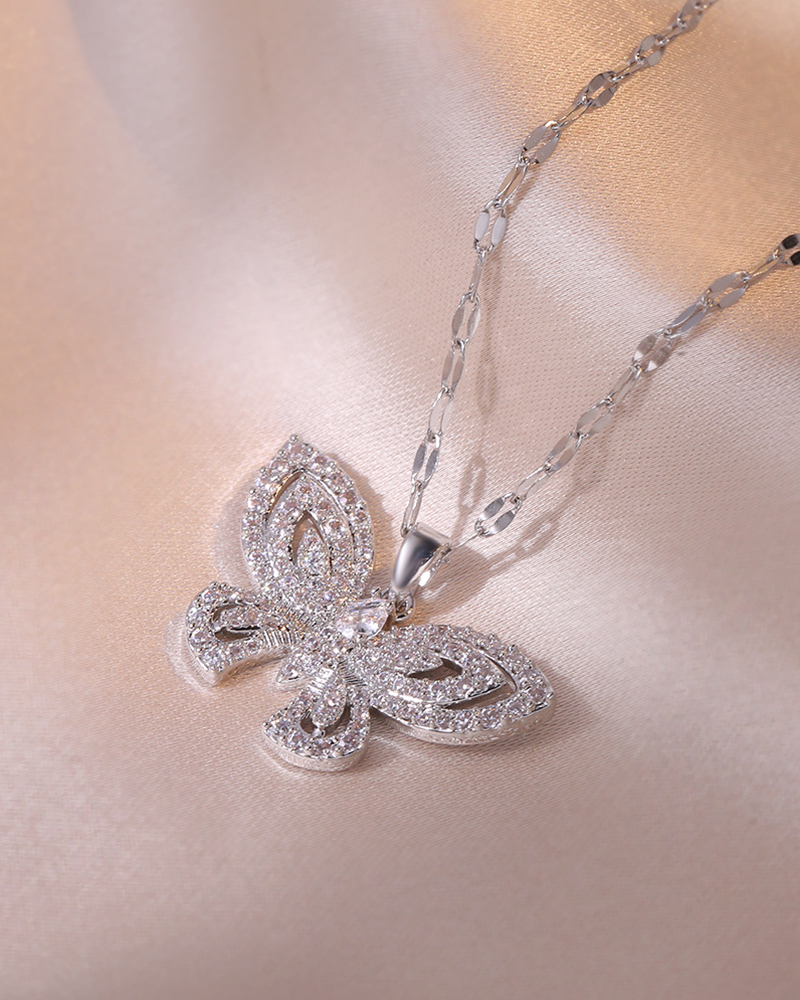 Rhinestone Butterfly Necklace Silver