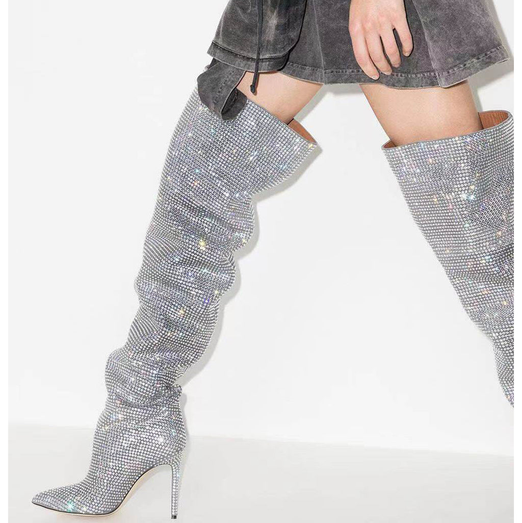 Starry Sky High Heel Rhinestone Knee High Boots