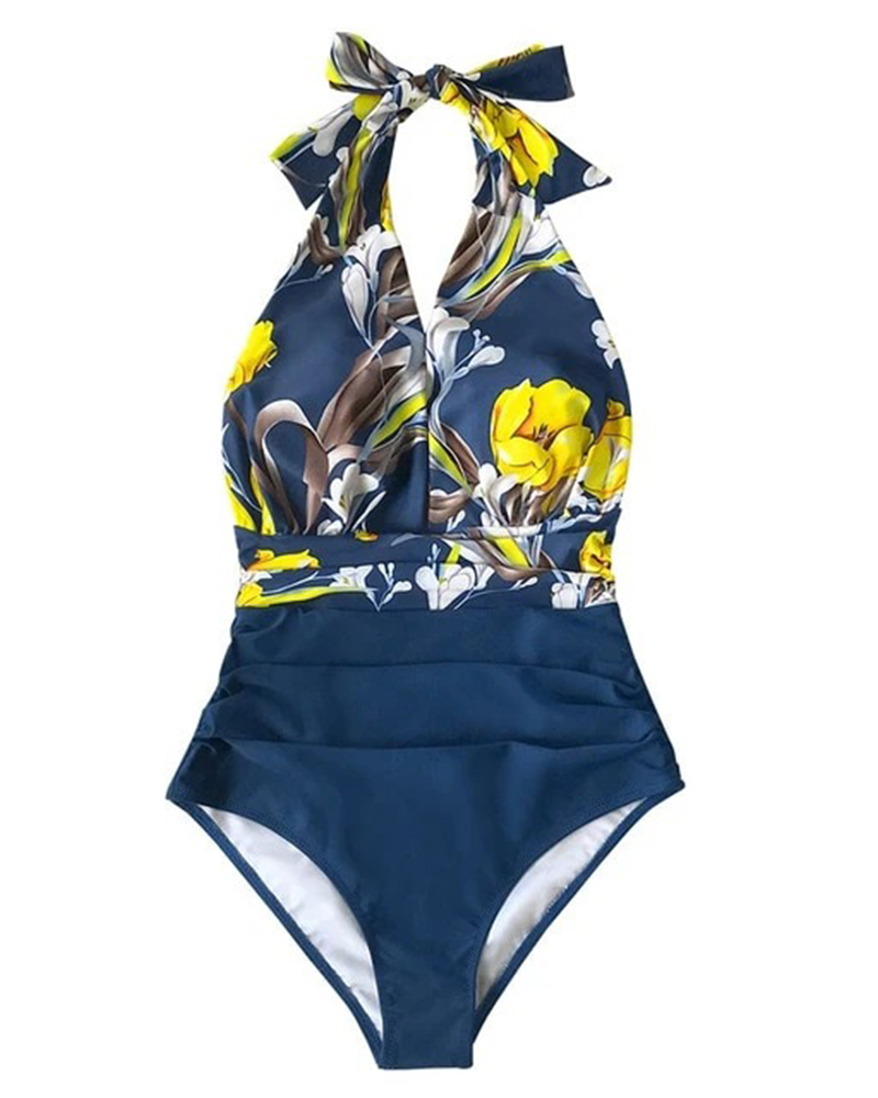 Deep V-neck One Piece Swimwear Blue