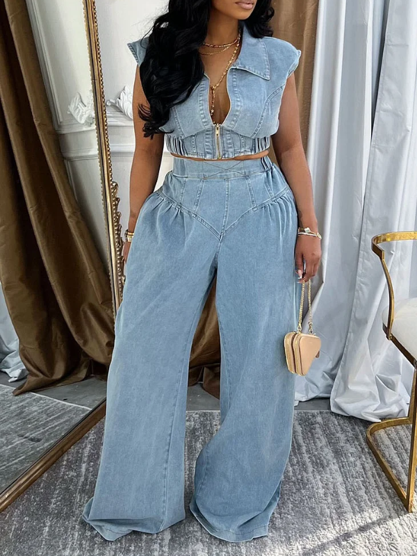Indiebeautie Denim Zip-Up Vest & Wide-Leg Pants Set