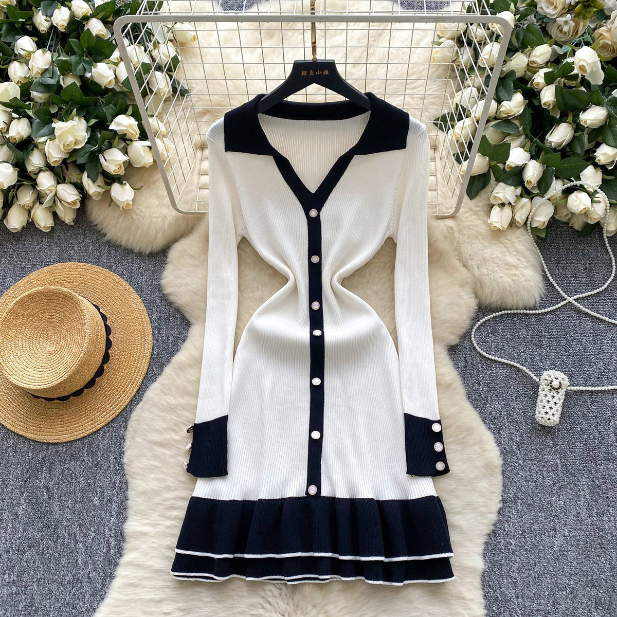 Color-Block Polo Collar Long Sleeve Ruffle Trim Dress
