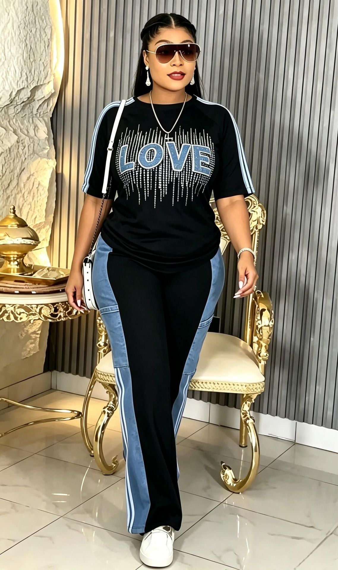 Plus Size Beaded Short Sleeve Color Block Striped Patchwork Denim Pants Set