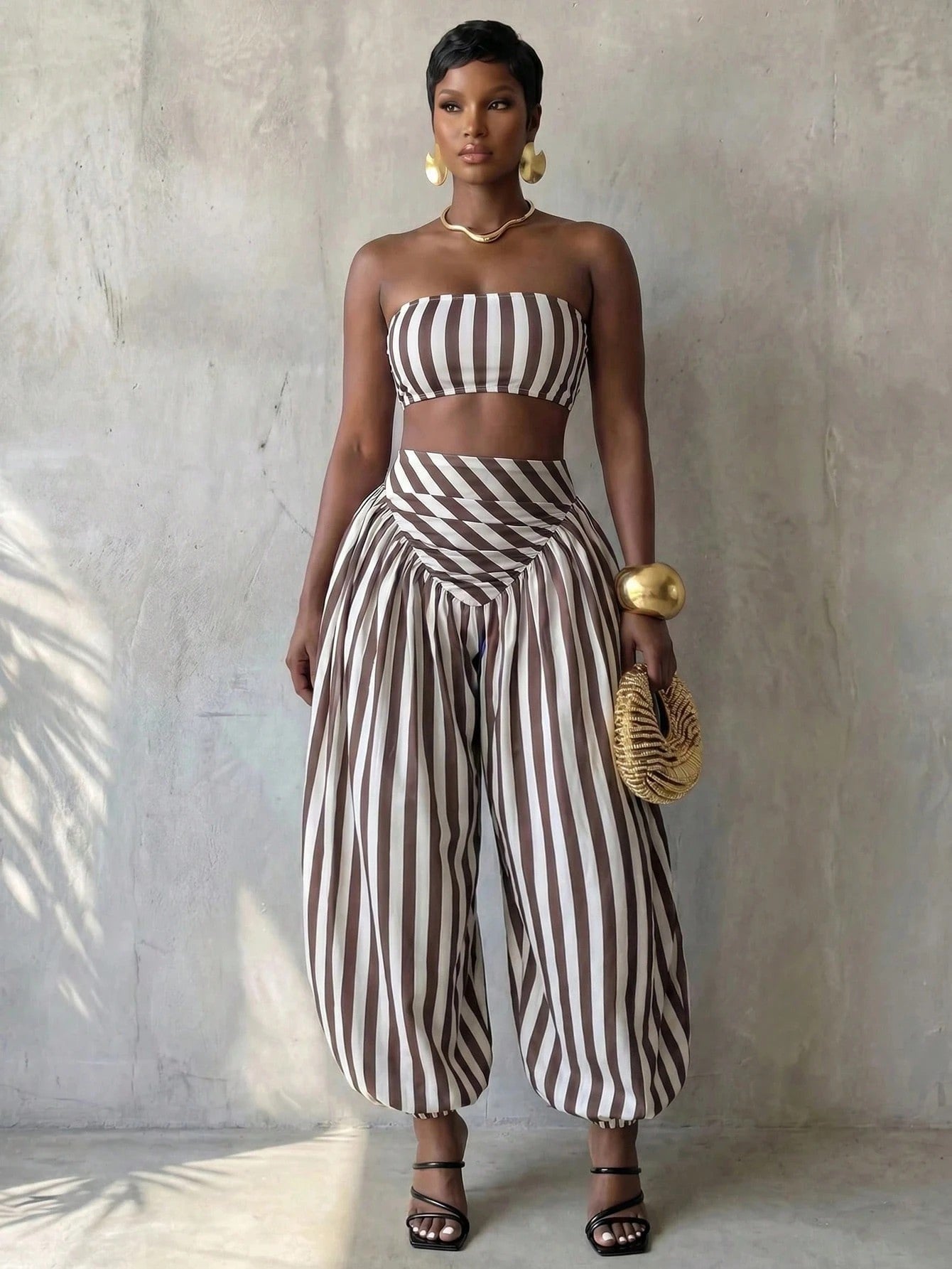 Red & White Striped Crop Top & Lantern Pants Two-Piece Set