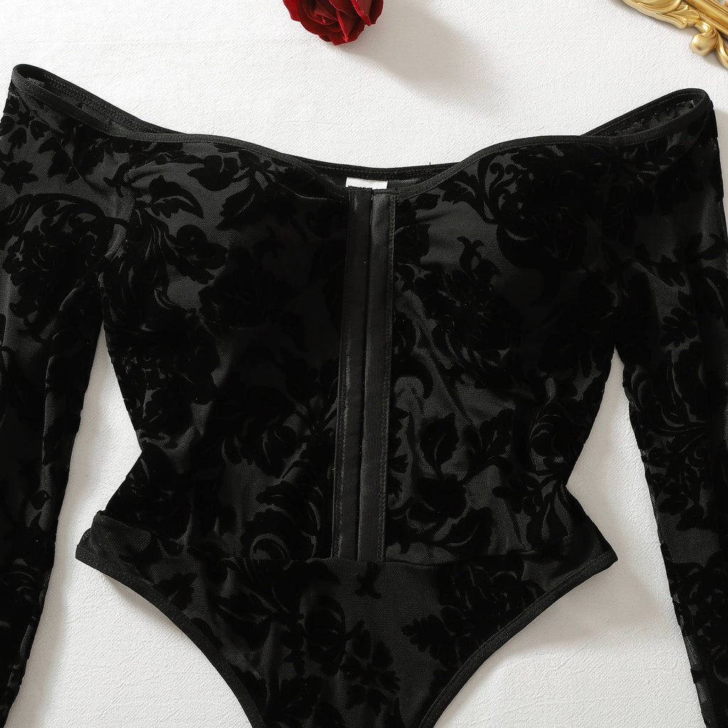 Off-Shoulder Long Sleeve Open-Crotch Shapewear Bodysuit