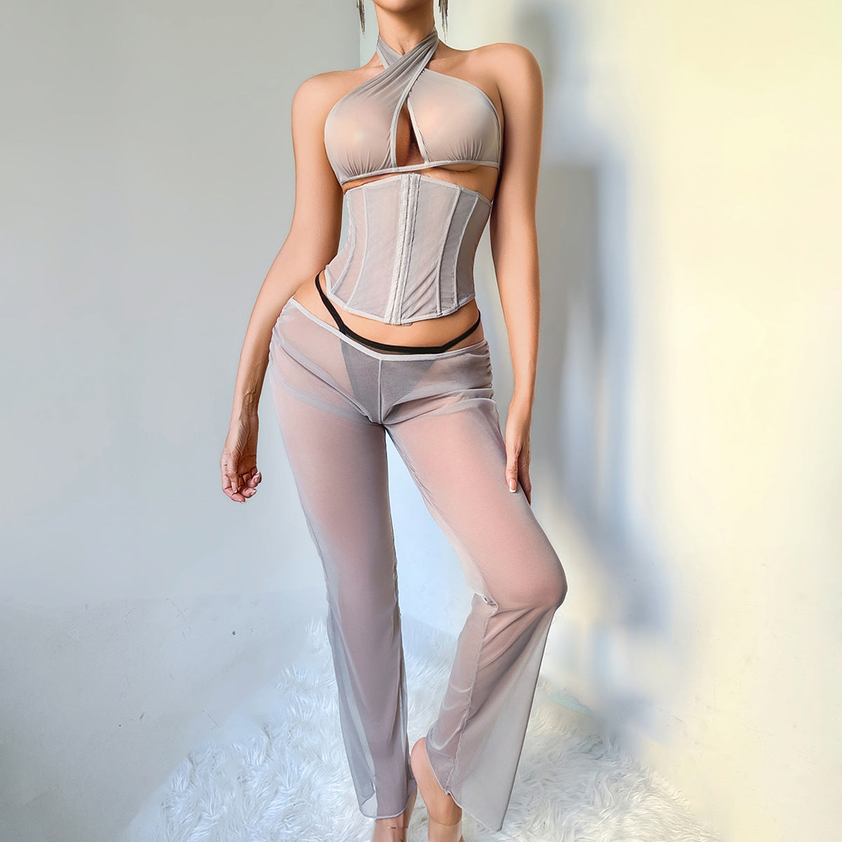 See-Through Cross Wrap Halter Neck Shapewear Lingerie Two-Piece Set