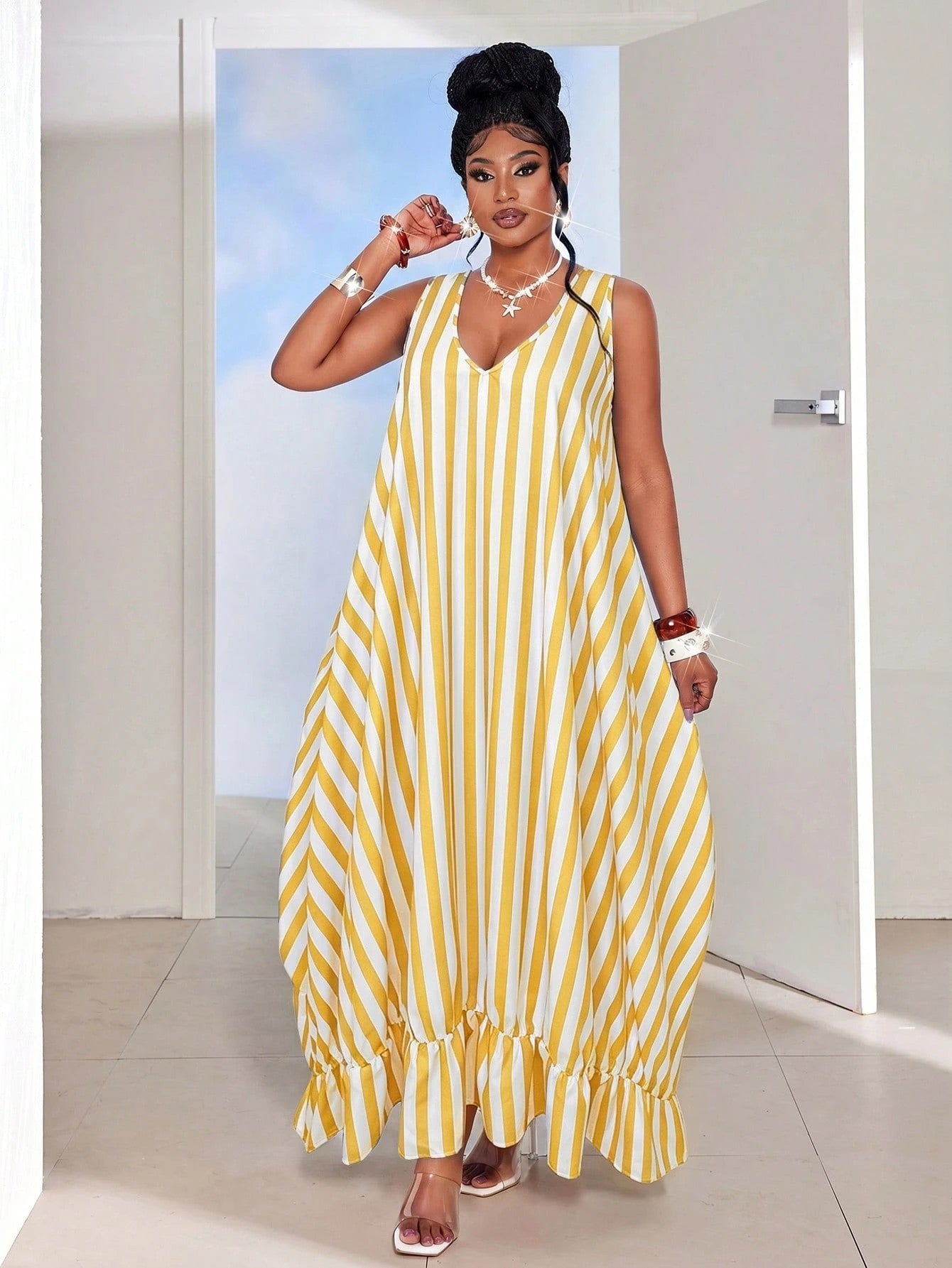 Striped Ruffle Edge Sleeveless Maxi Dress for Summer Beach Holidays