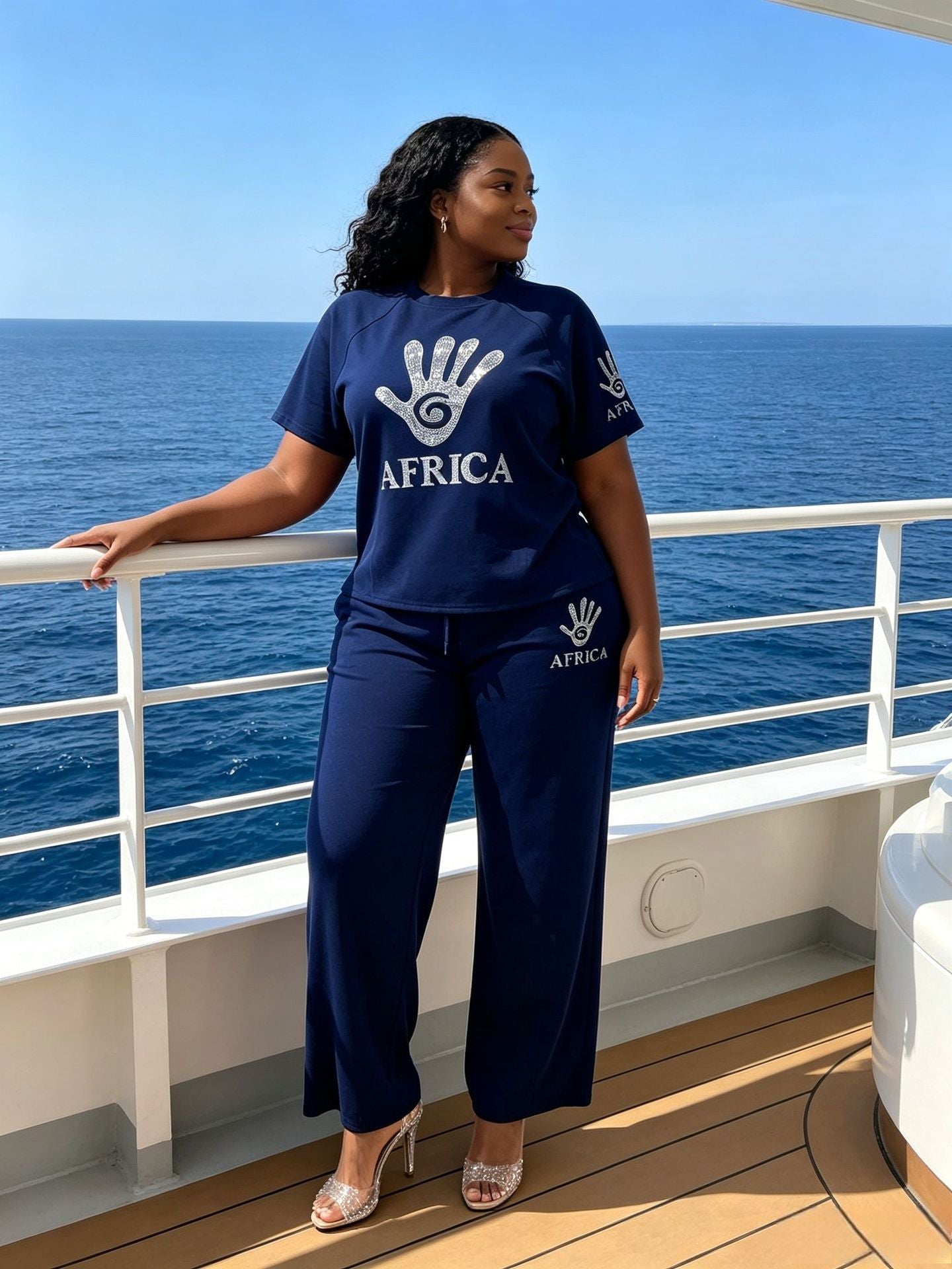 Plus Size African Palm Beaded Short Sleeve Top & Wide-Leg Pants Set