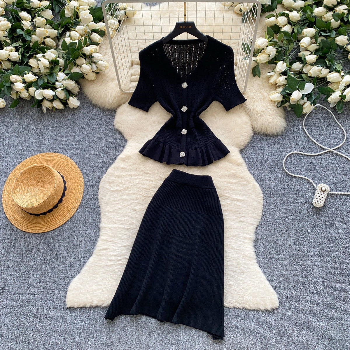 Knitted V-Neck Ruffle Detail Two-Piece Skirt Set for Summer Career Wear