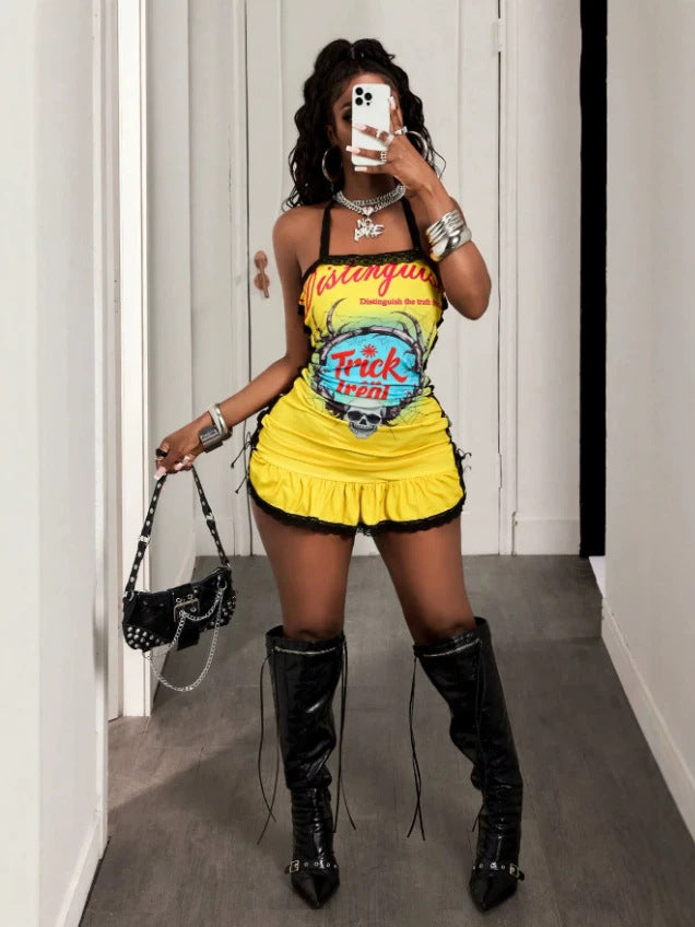 Skull Print Yellow Lace Ruffle Halter Mini Dress for Casual Wear