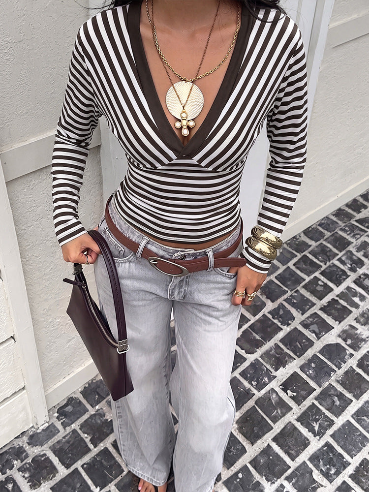 Striped V-Neck Color-Block Long-Sleeve T-Shirt