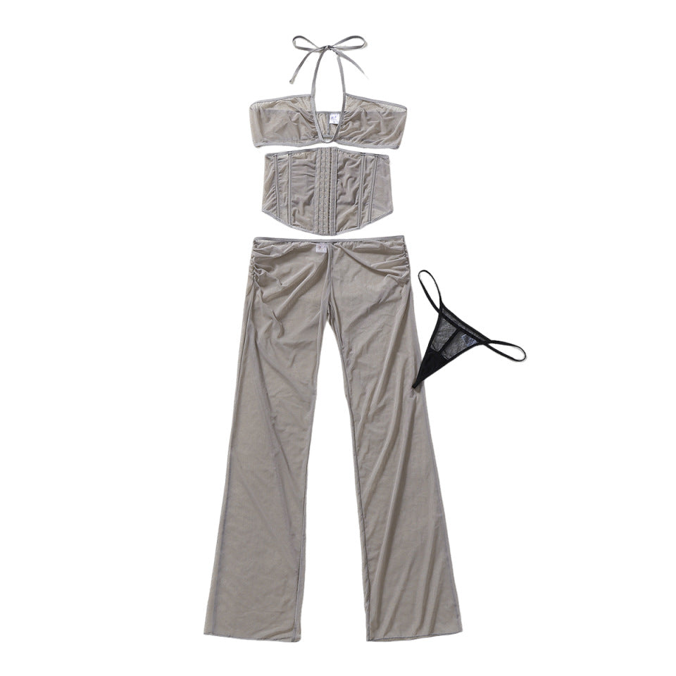 See-Through Cross Wrap Halter Neck Shapewear Lingerie Two-Piece Set