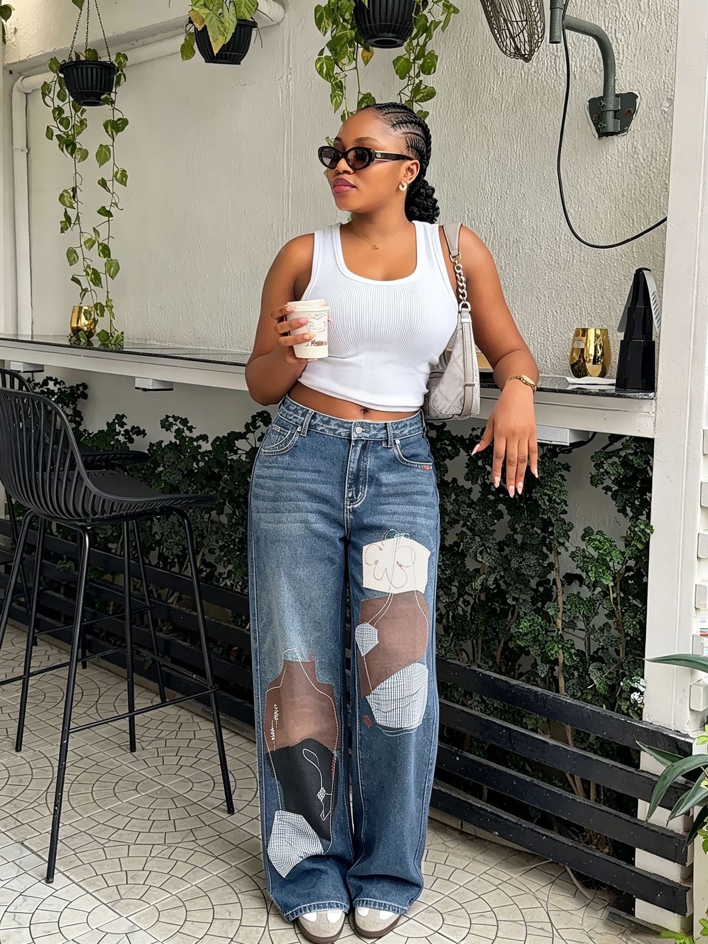 Stitched Patchwork Applique Print Denim Pants for Streetwear