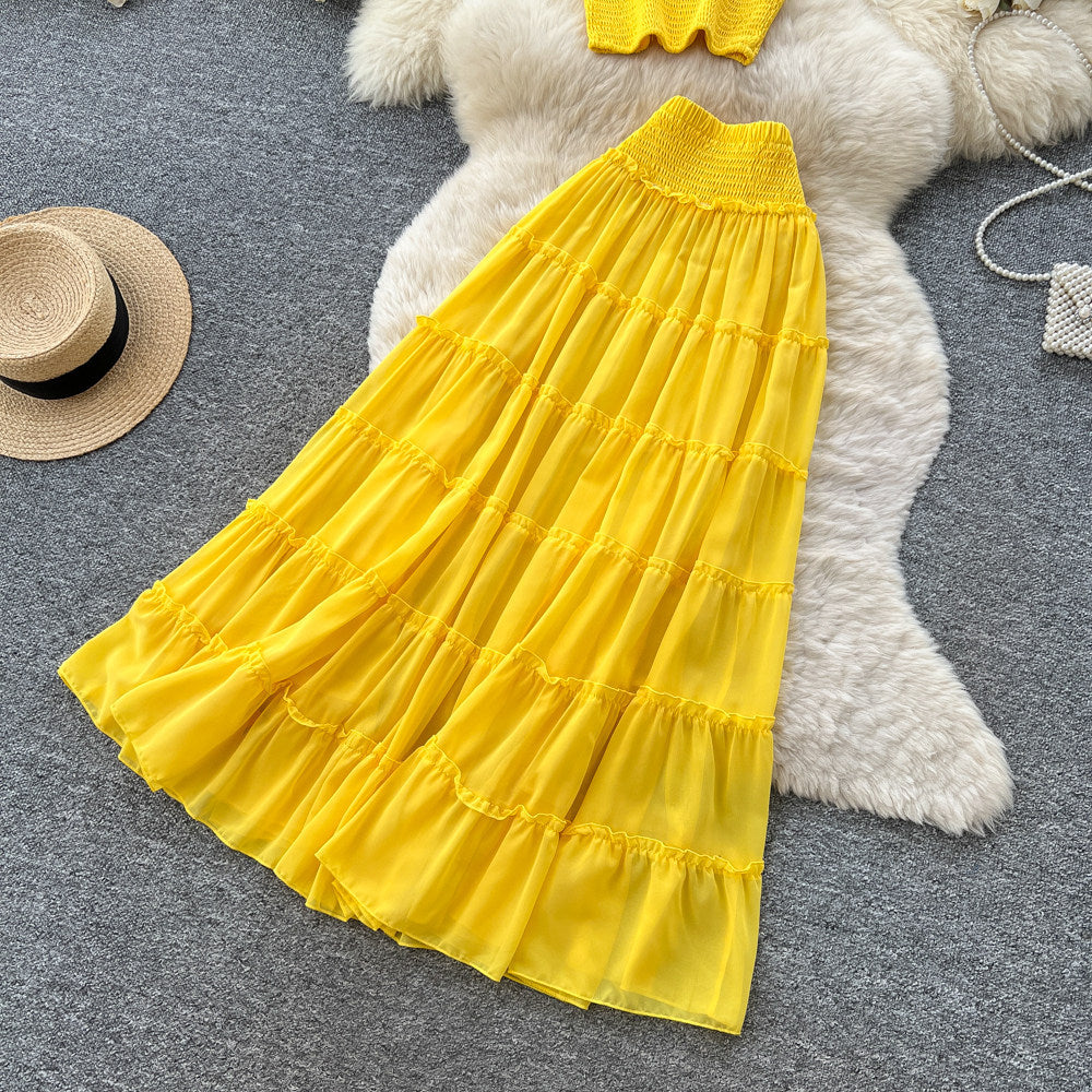 Top & Cascading Ruffle Skirt Two-Piece Set for Summer