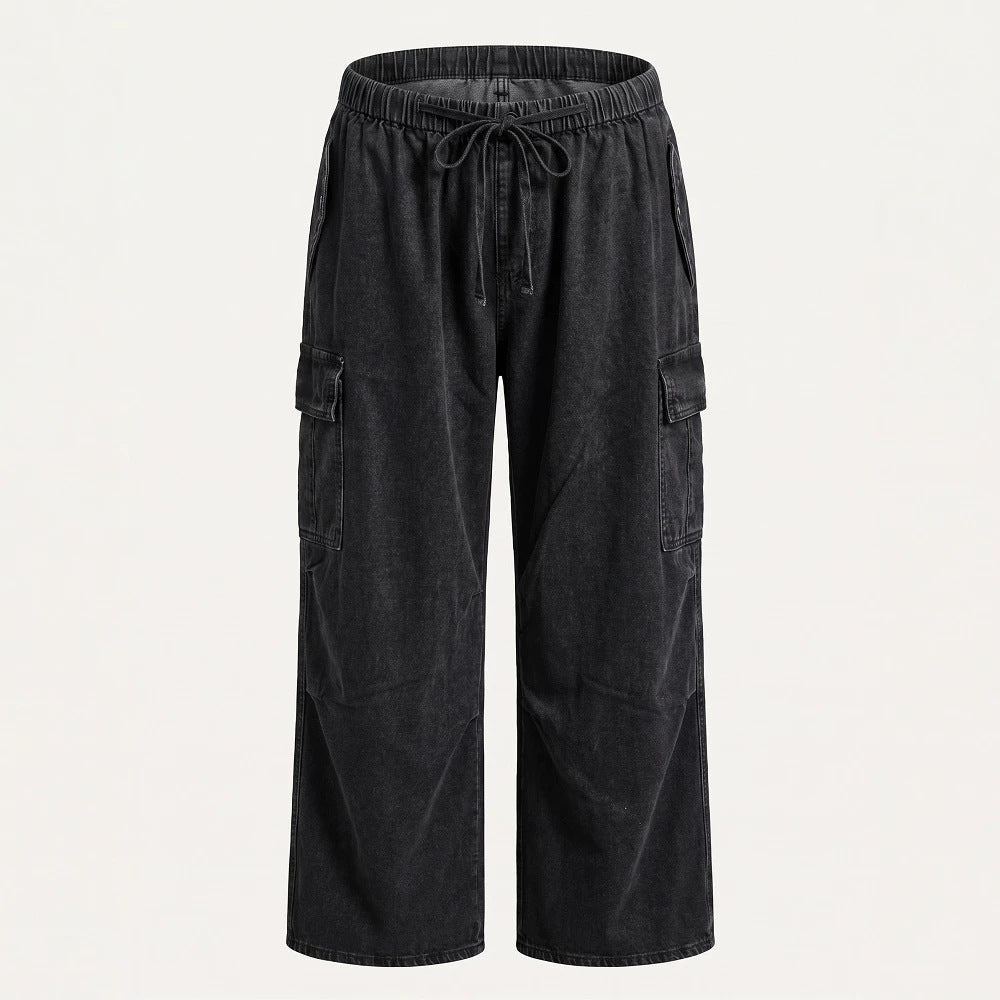 Black Multi-Pocket Drawstring Cargo Denim Wide Leg Pants for Casual Streetwear