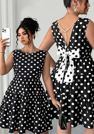 Plus Size Women Summer Polka Dot Retro Slim Waist A-line Dress