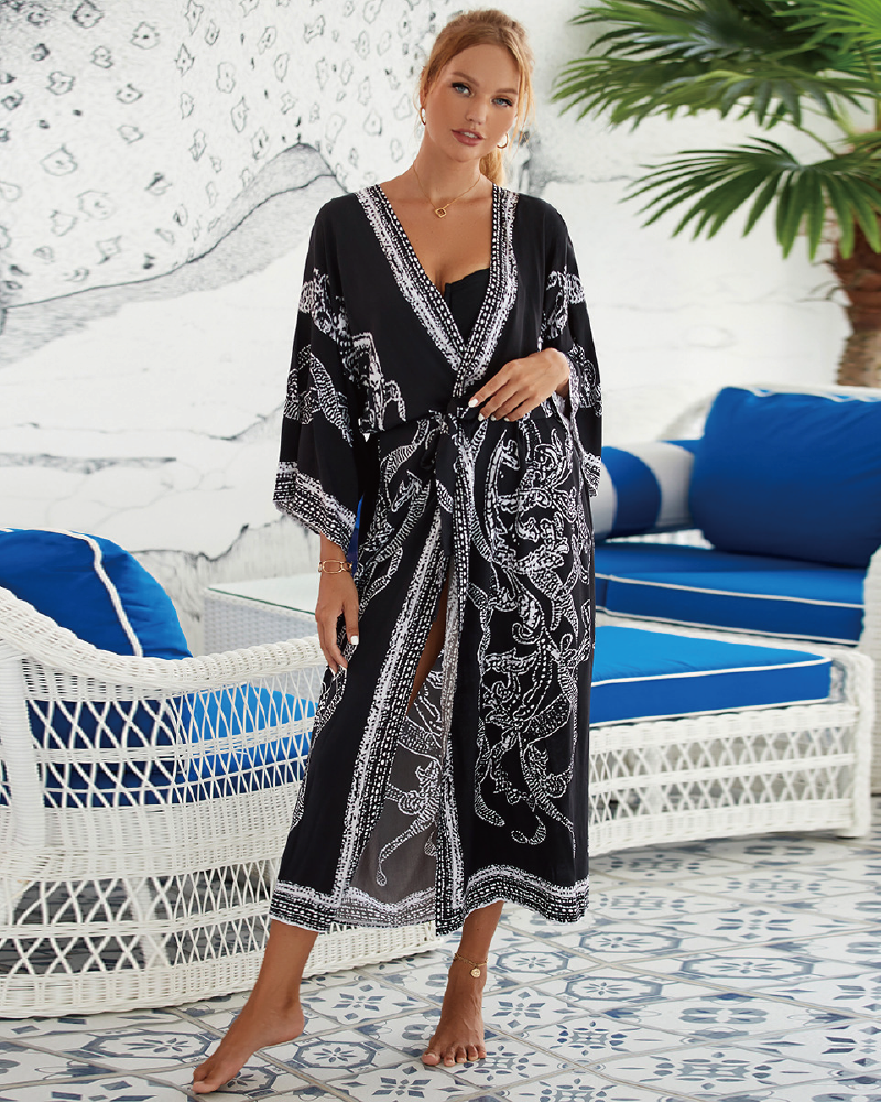 Überwurf mit Gürtel und Pflanzen-Print