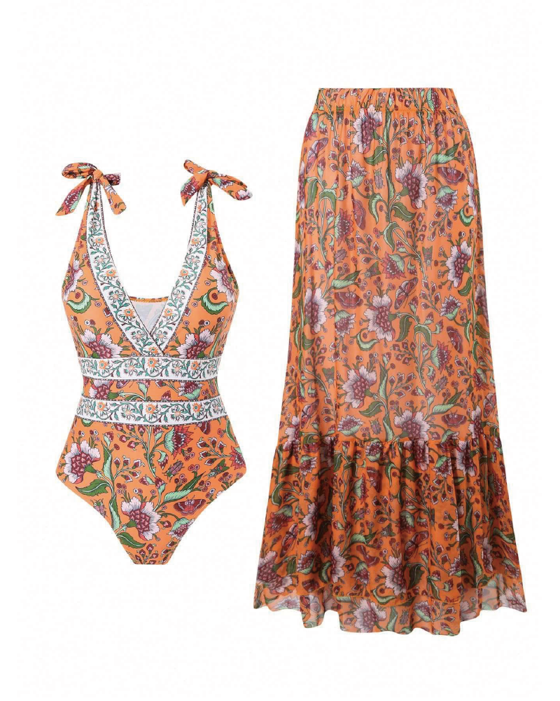 V Neck Printed One Piece Swimsuit & Skirt Orange