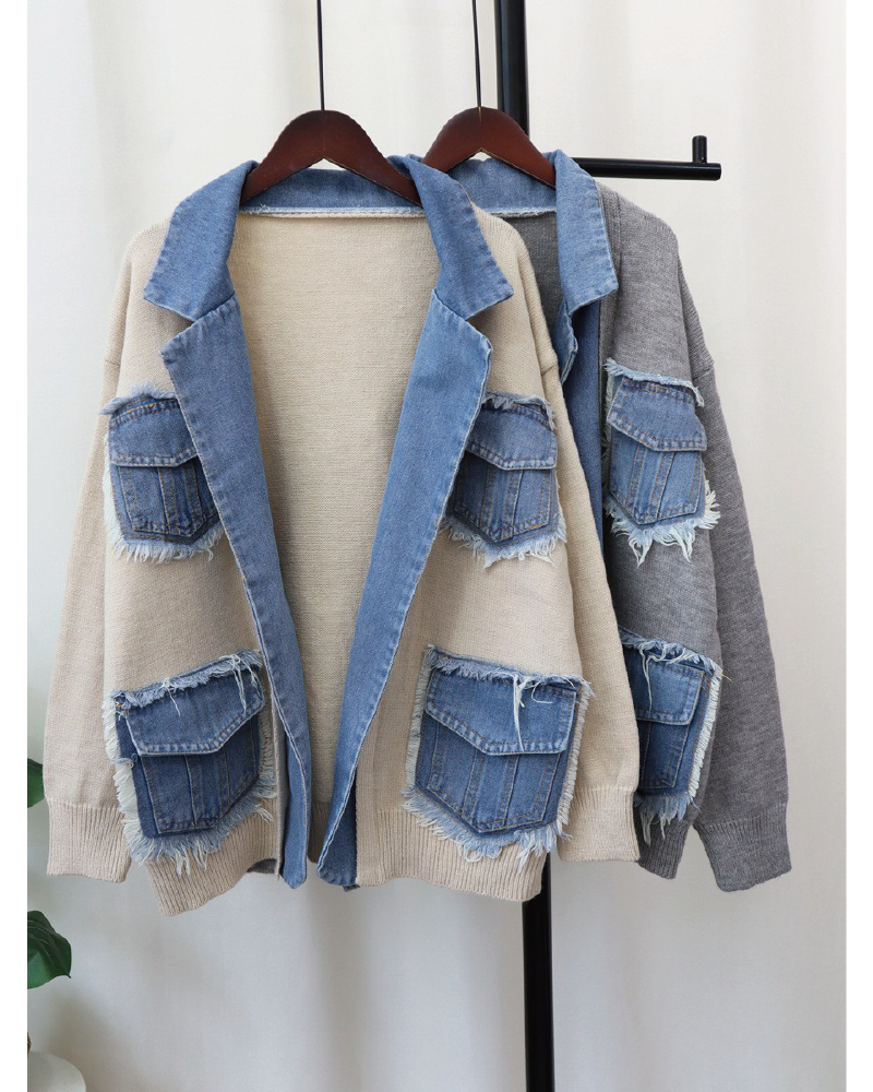 Denim Patchwork Cardigan Beige One Size Fits up to 1XL