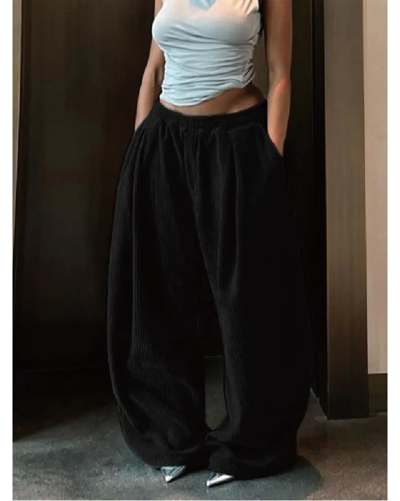 Corduroy Streetwear Wide Leg Pants Black