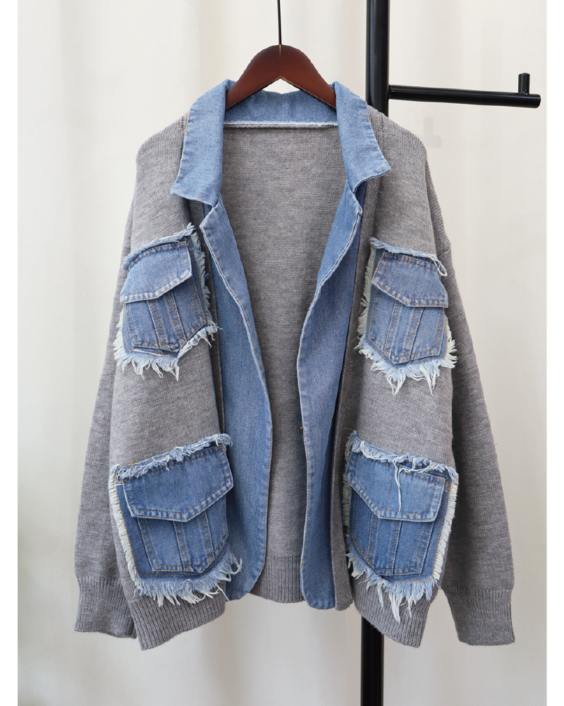 Denim Patchwork Cardigan Gray One Size Fits up to 1XL