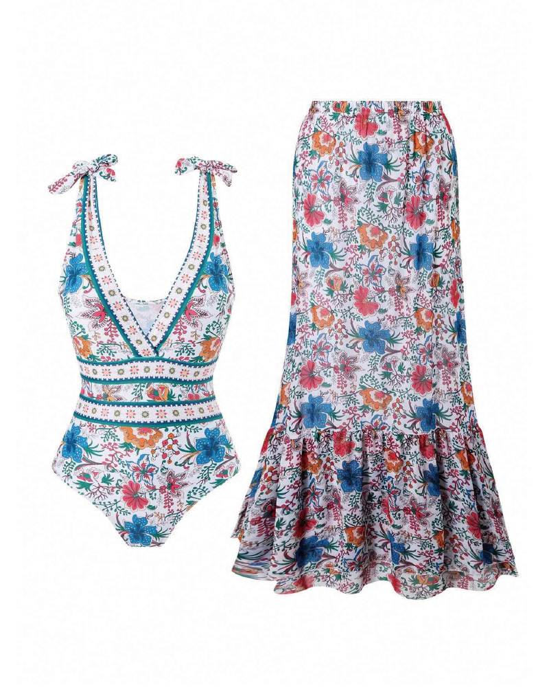 V Neck Printed One Piece Swimsuit & Skirt Teal