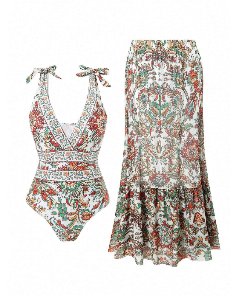 V Neck Printed One Piece Swimsuit & Skirt Green