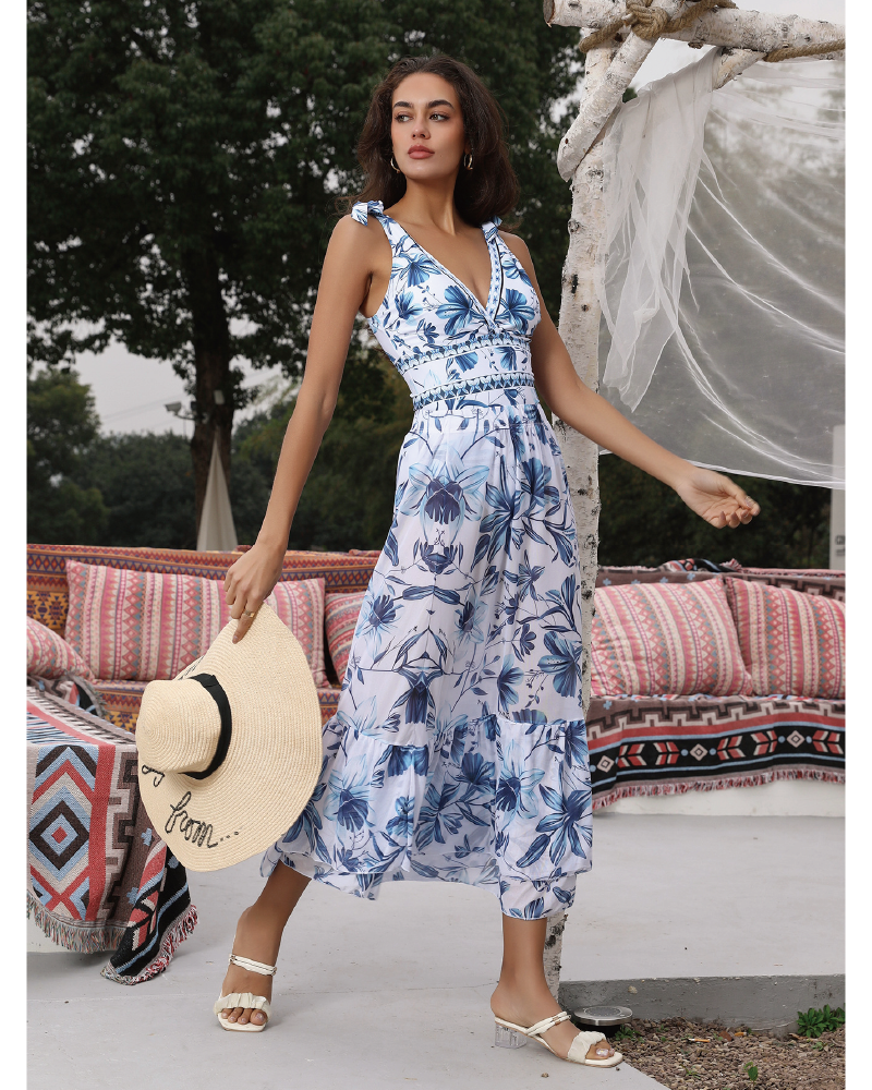 V Neck Printed One Piece Swimsuit & Skirt Blue