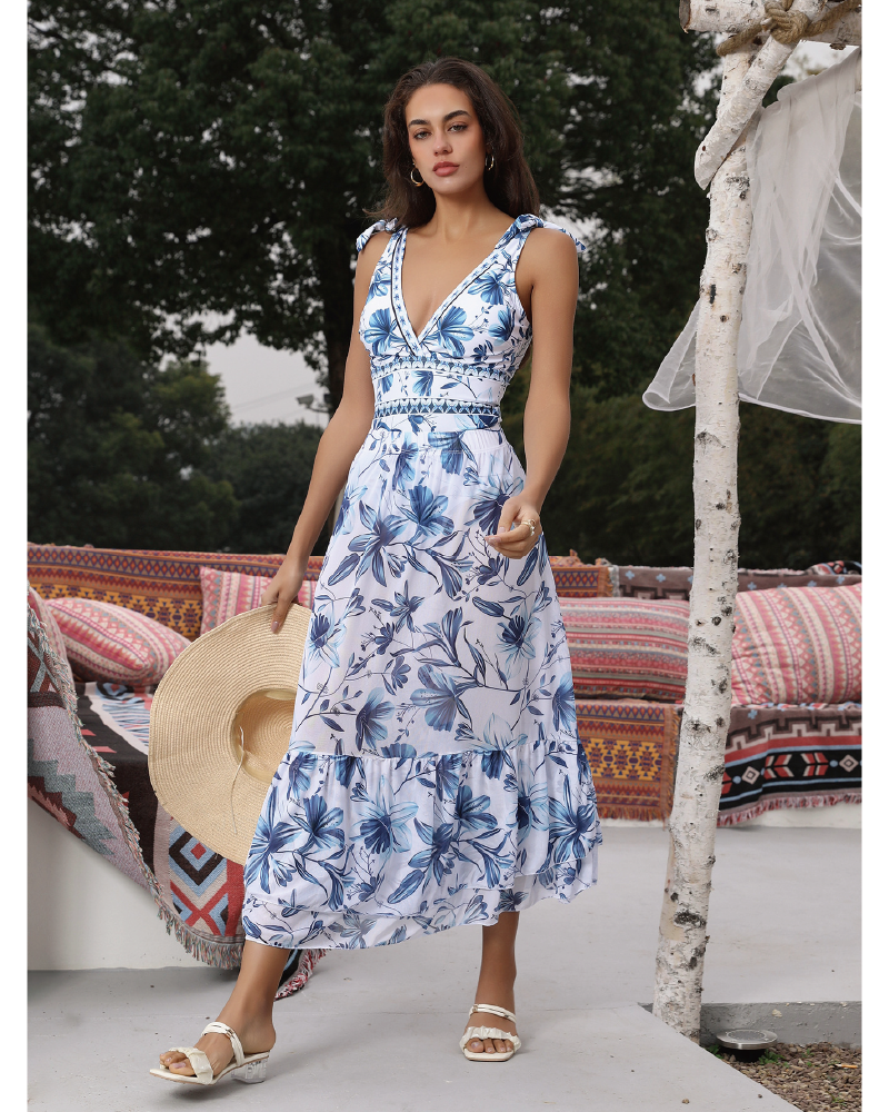 V Neck Printed One Piece Swimsuit & Skirt
