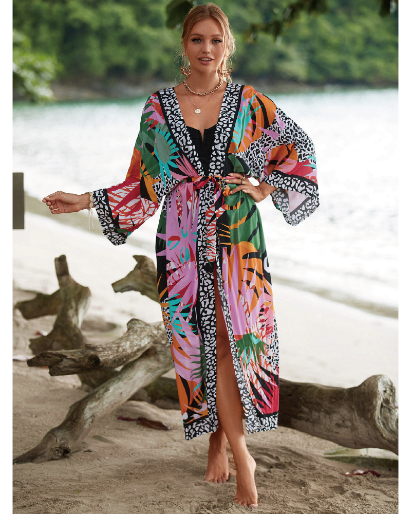 Überwurf mit Gürtel und Pflanzen-Print