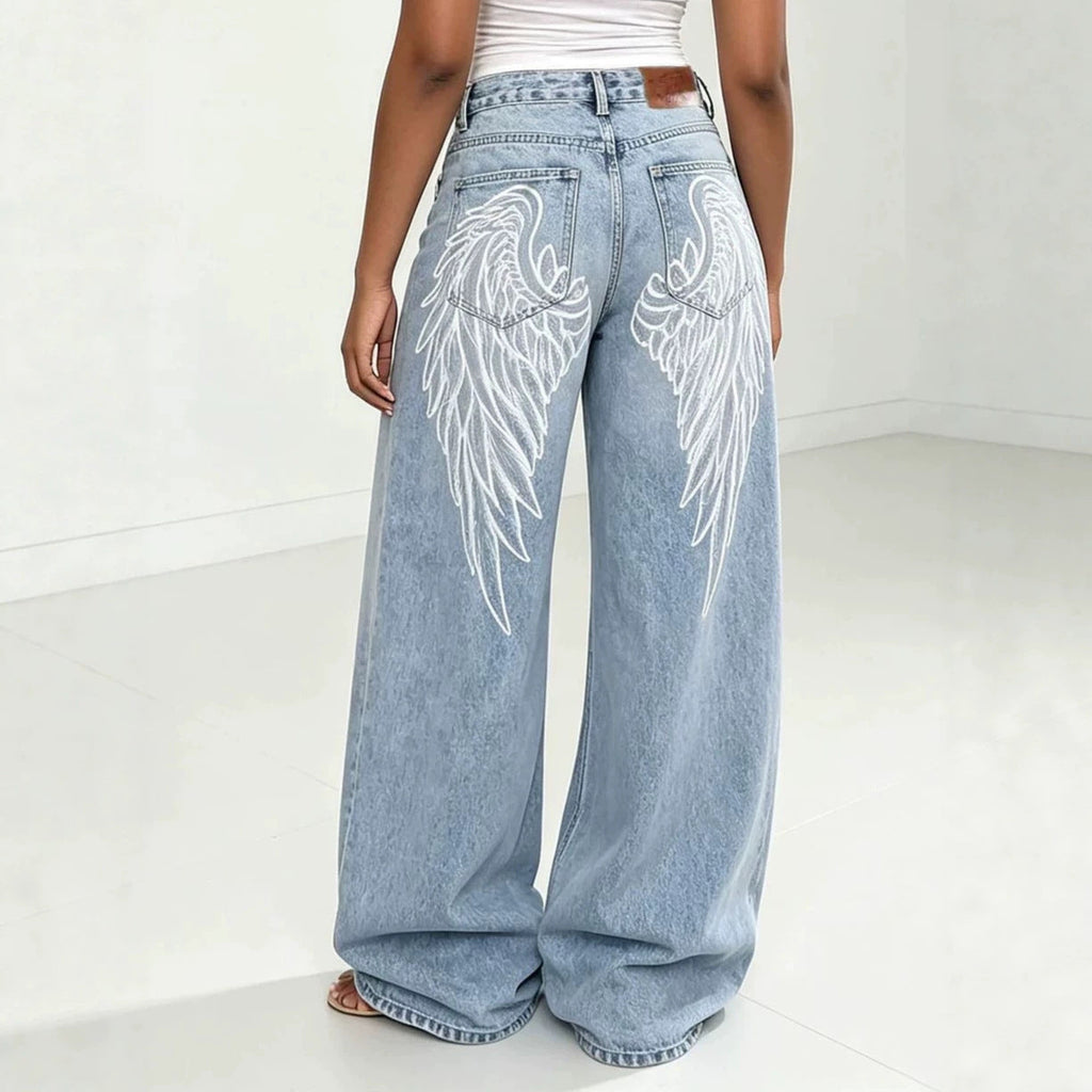 Large Wing Print Washed Denim Pants for Streetwear
