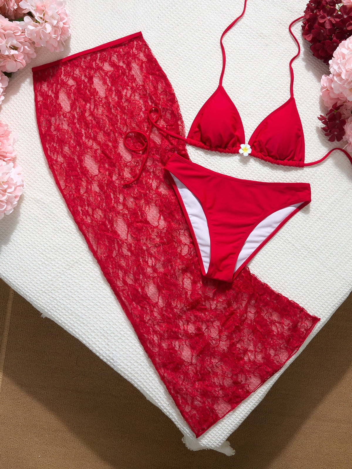 Red Lace See-Through Halter Neck Bikini & Long Skirt Cover-Up Three-Piece Set
