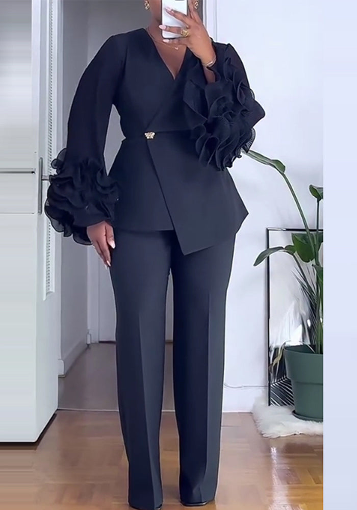 Long Sleeve Blazer & Ruffled Pants Two-Piece Set for Spring & Summer