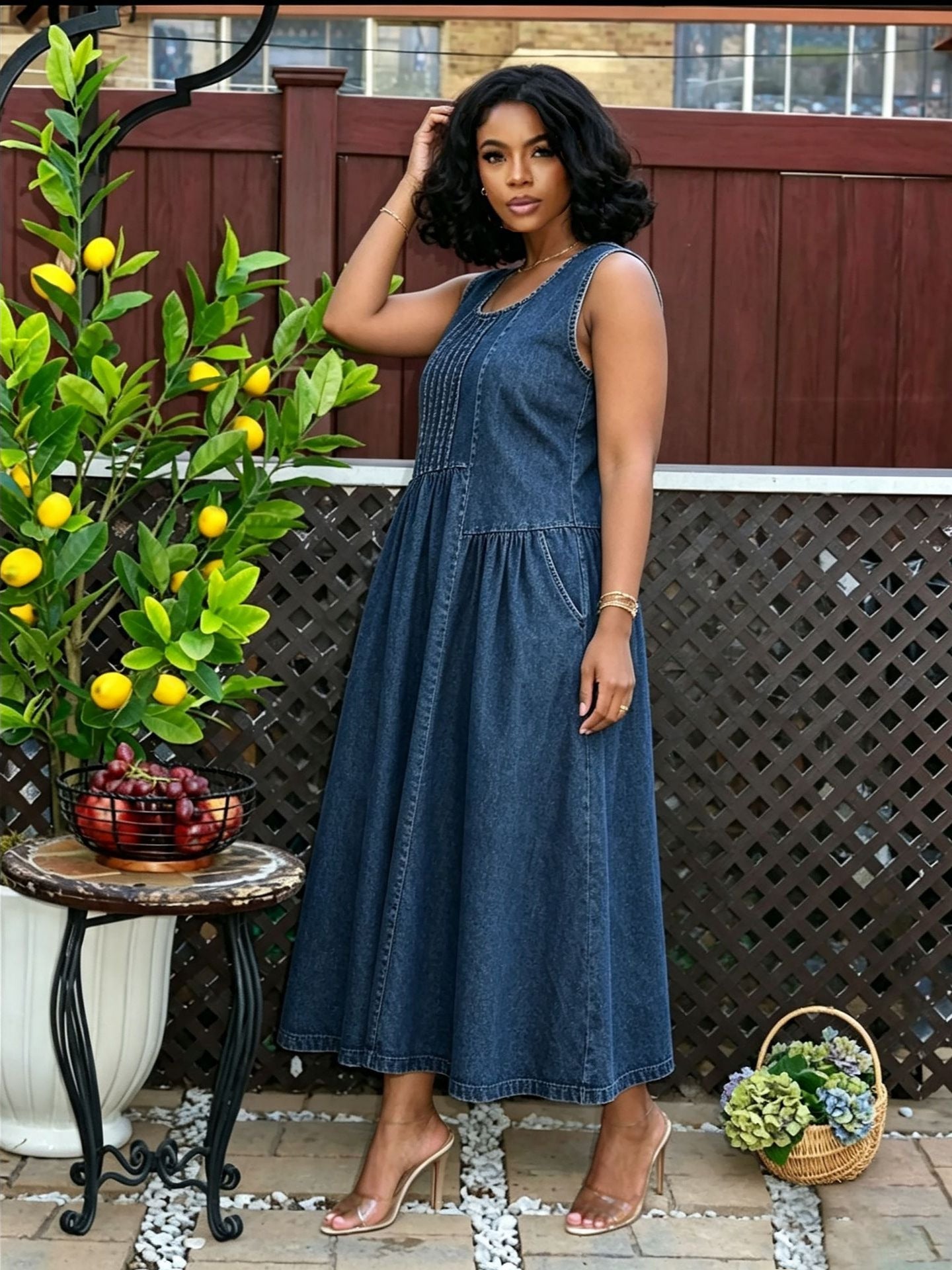 Pleated Sleeveless Denim Dress with Side Pockets for Casual Wear