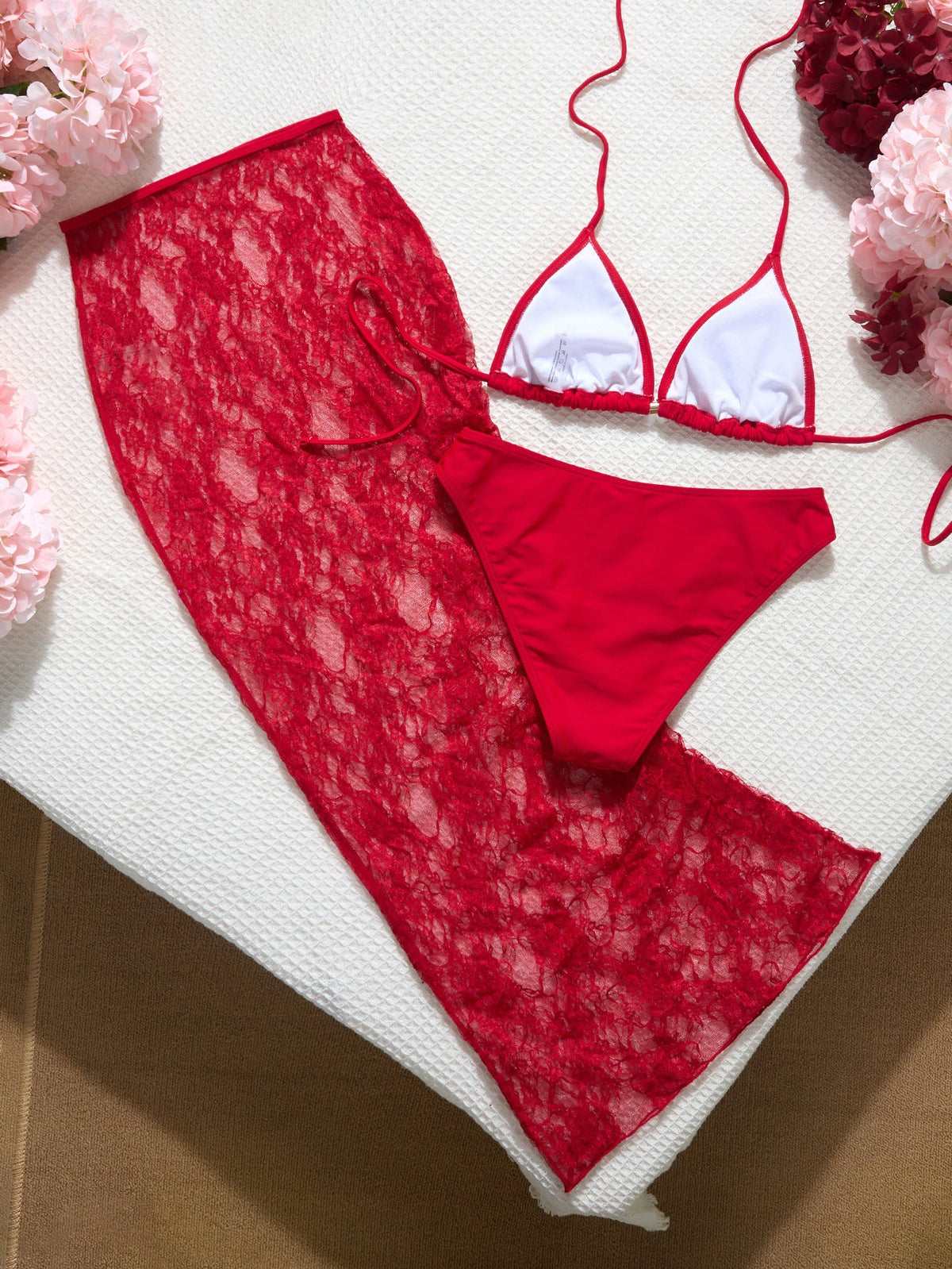 Red Lace See-Through Halter Neck Bikini & Long Skirt Cover-Up Three-Piece Set