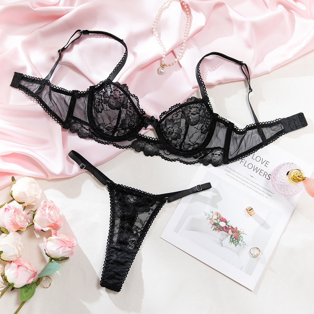 Black Lace See-Through Push-Up Bra & Adjustable Thong Lingerie Set
