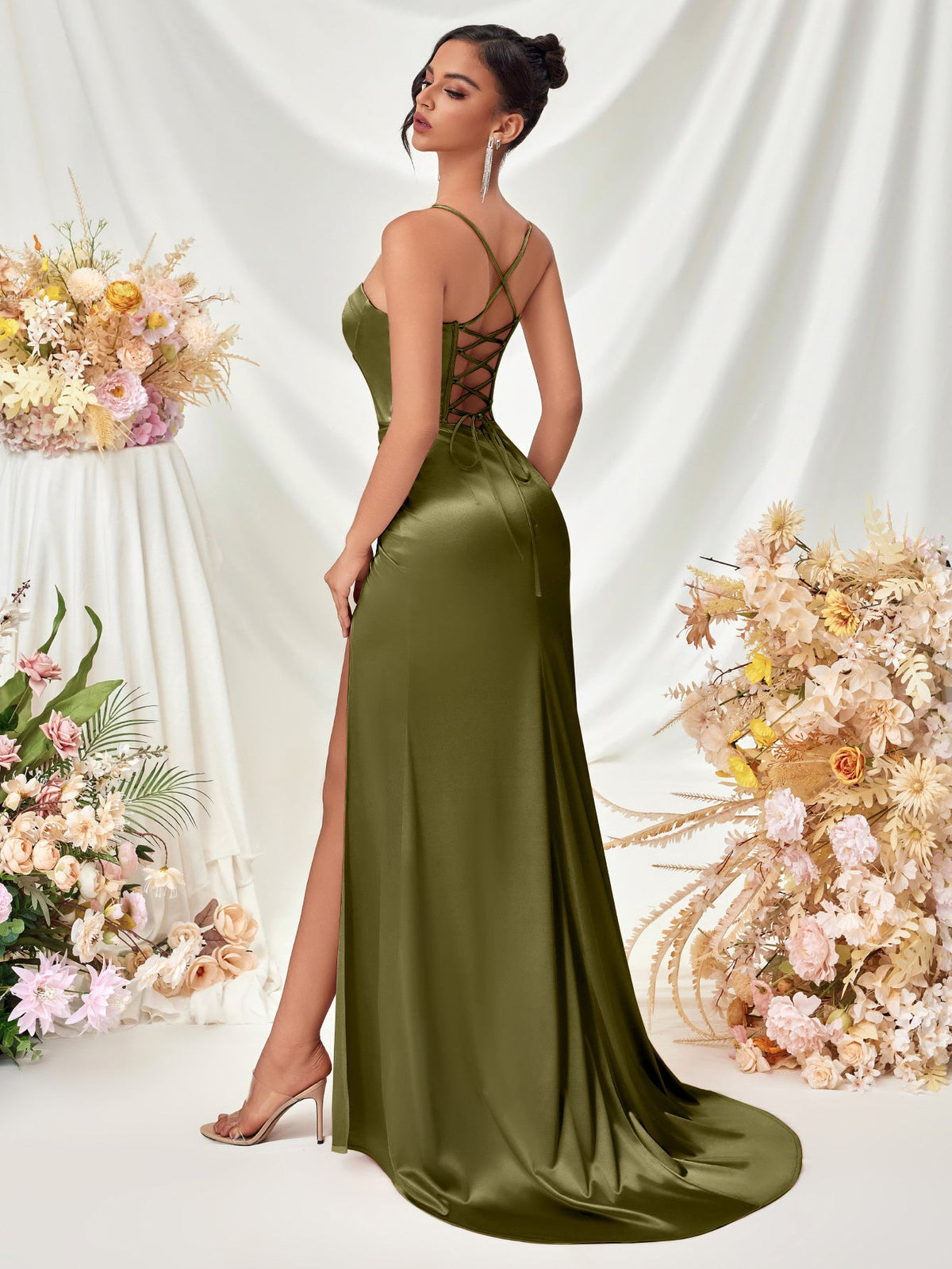 Strapless Slit Spaghetti Strap Maxi Dress for Evening Parties