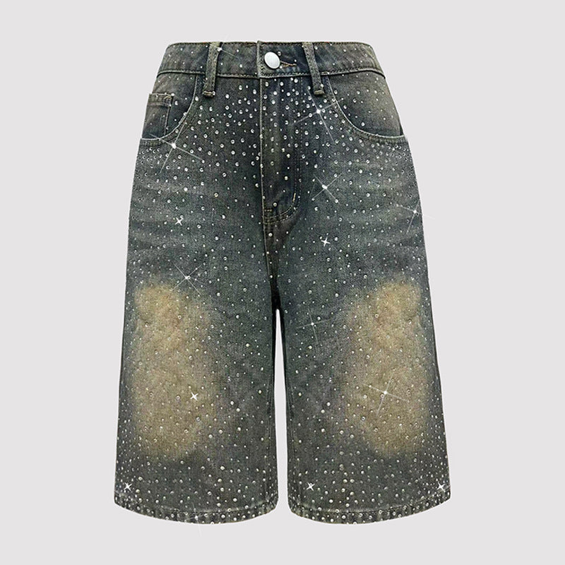 Beaded Wide-Leg Denim Knee-Length Shorts for Spring & Fall Streetwear